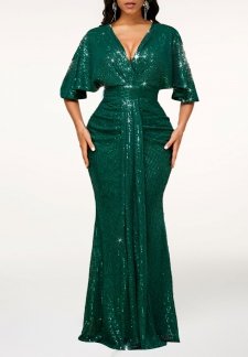 Sequin V Neck Blackish Green Maxi Bodycon Dress