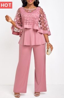 Boat Neck Breathable Pink Long Jumpsuit and Cardigan