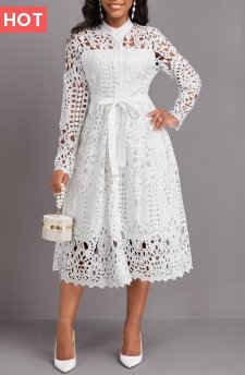 Lace Belted White Stand Collar Long Sleeve Dress