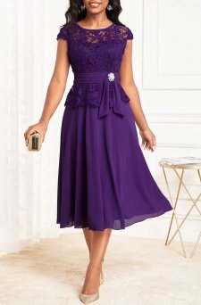 Lace Round Neck Purple Cap Sleeve Dress