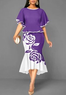 Floral Print Mermaid Purple High Low Bodycon Dress