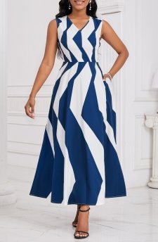 Geometric Print Umbrella Hem Navy Sleeveless Maxi Dress