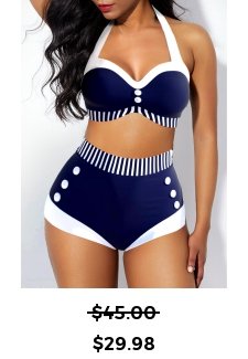 High Waisted Striped Button Navy Bikini Set