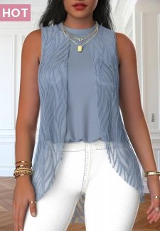 Lace Dusty Blue Sleeveless Round Neck Tank Top