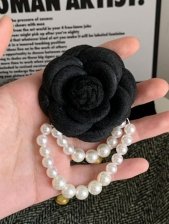 Rose Layered Design Pearl Black Brooch