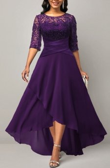 Lace Patchwork Half Sleeve Purple Dress