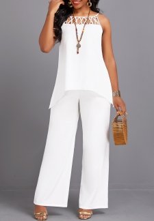 Sleeveless Cage Neck White Long Top and Pants