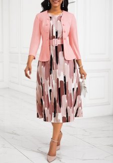 Two Piece Belted Pink Round Neck Dress and Cardigan