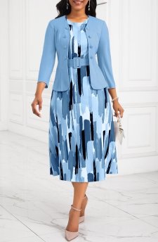 Two Piece Belted Light Blue Round Neck Dress and Cardigan