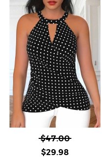 Polka Dot Cut Out Black Sleeveless Halter Tank Top