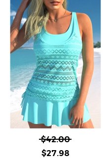 Layered Lace Stitching Cyan Tankini Top