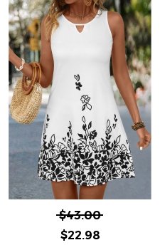 Floral Print Cut Out White Short Sleeveless Dress