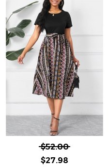 Tribal Print Patchwork Belted Black Short Sleeve Dress