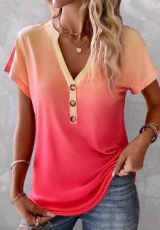 Ombre Button Peach Red Split Neck T Shirt