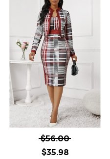 Plaid Split Deep Red Bodycon Top and Skirt