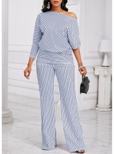 Striped Asymmetry Blue Long Off Shoulder Top and Pants