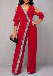 Metal Ring Wine Red Cold Shoulder V Neck Jumpsuit