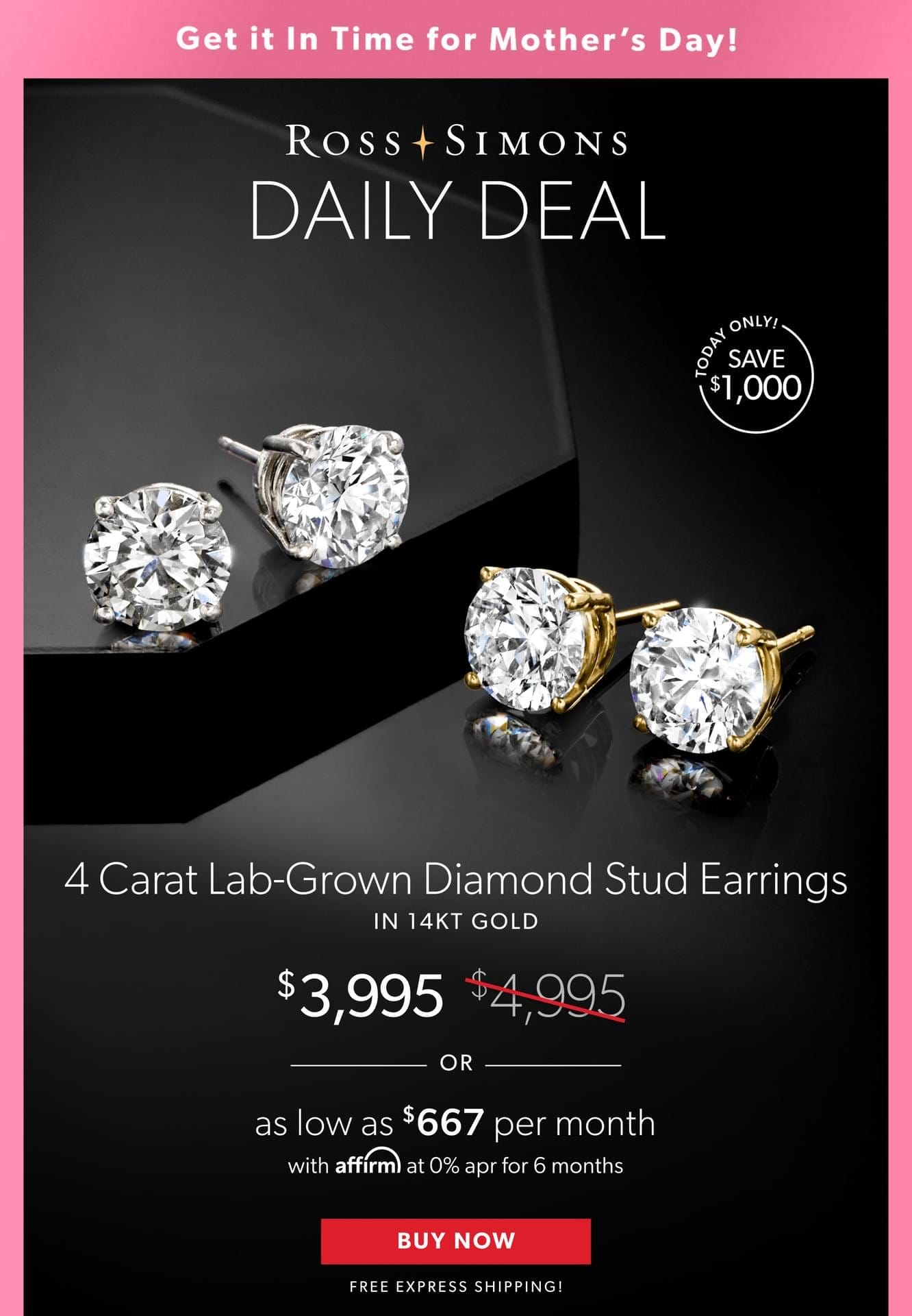 4 Carat Lab-Grown Diamond Stud Earrings in 14kt Gold