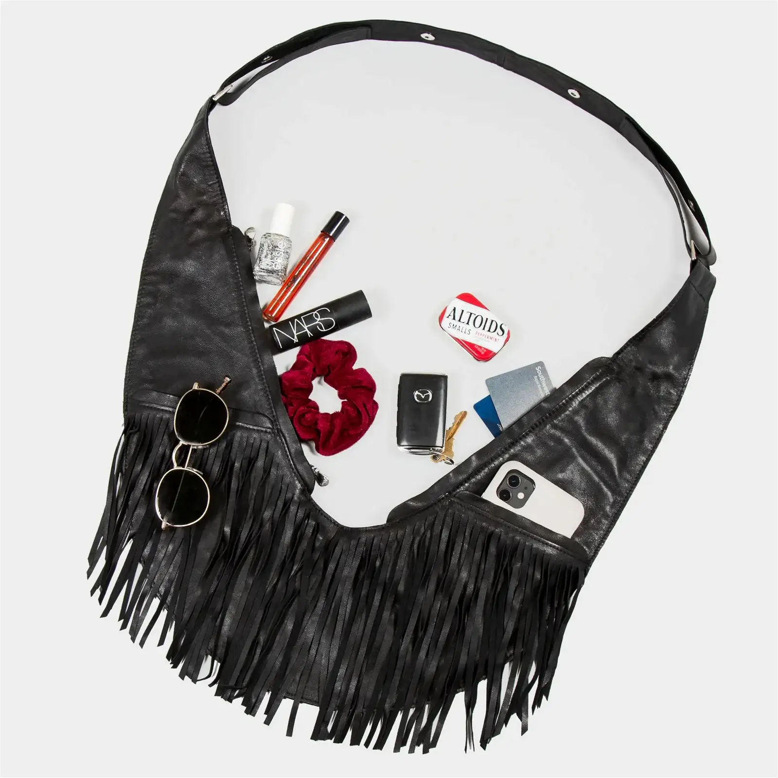 Image of Black Fringe Leather Sash Bag