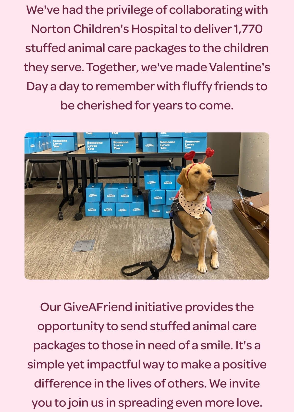 We've had the privilege of collaborating with Norton Children's Hospital to deliver 1,770 stuffed animal care packages to the children they serve. Together, we've made Valentine's Day a day to remember with fluffy friends to be cherished for years to come. Our GiveAFriend initiative provides the opportunity to send stuffed animal care packages to those in need of a smile. It's a simple yet impactful way to make a positive difference in the lives of others. We invite you to join us in spreading even more love.