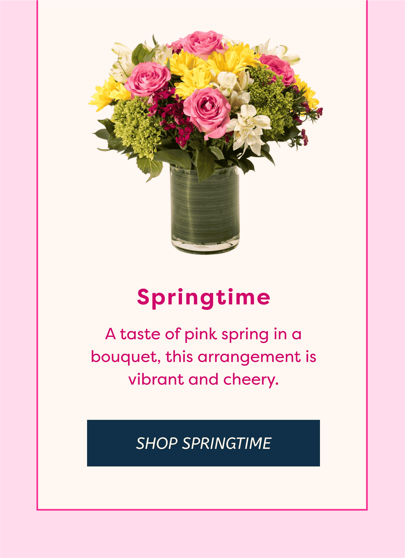 Springtime A taste of pink spring in a bouquet, this arrangement is vibrant and cheery. SHOP SPRINGTIME