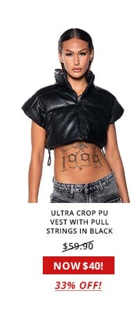 ULTRA CROP PU VEST WITH PULL STRINGS IN BLACK