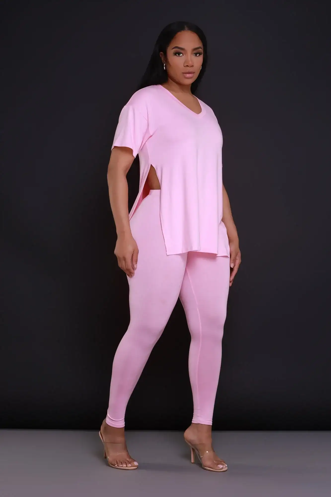 Image of Open Mind Side Slit Short Sleeve Legging Set - Pink