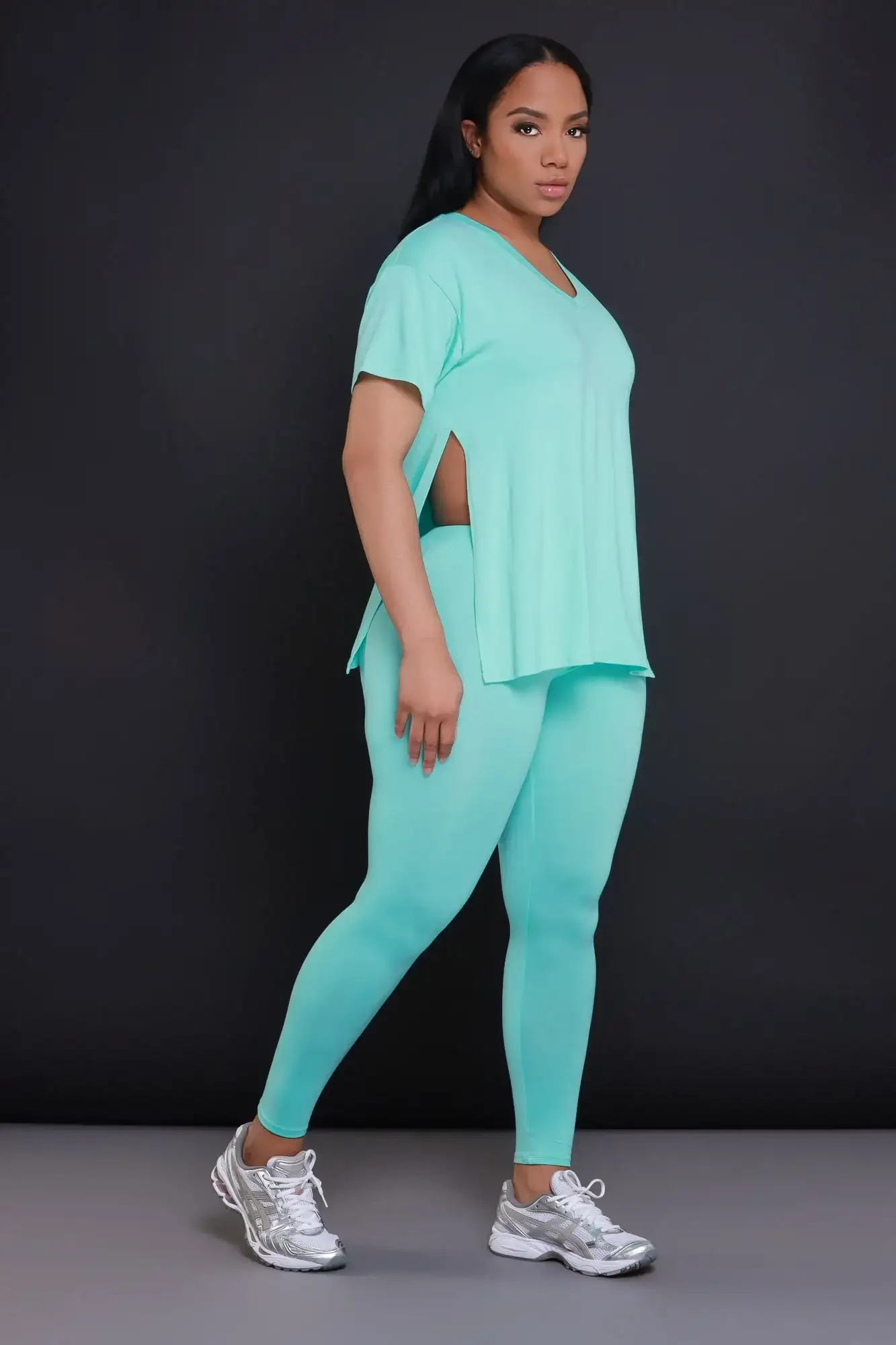 Image of Open Mind Side Slit Short Sleeve Legging Set - Turquoise Blue