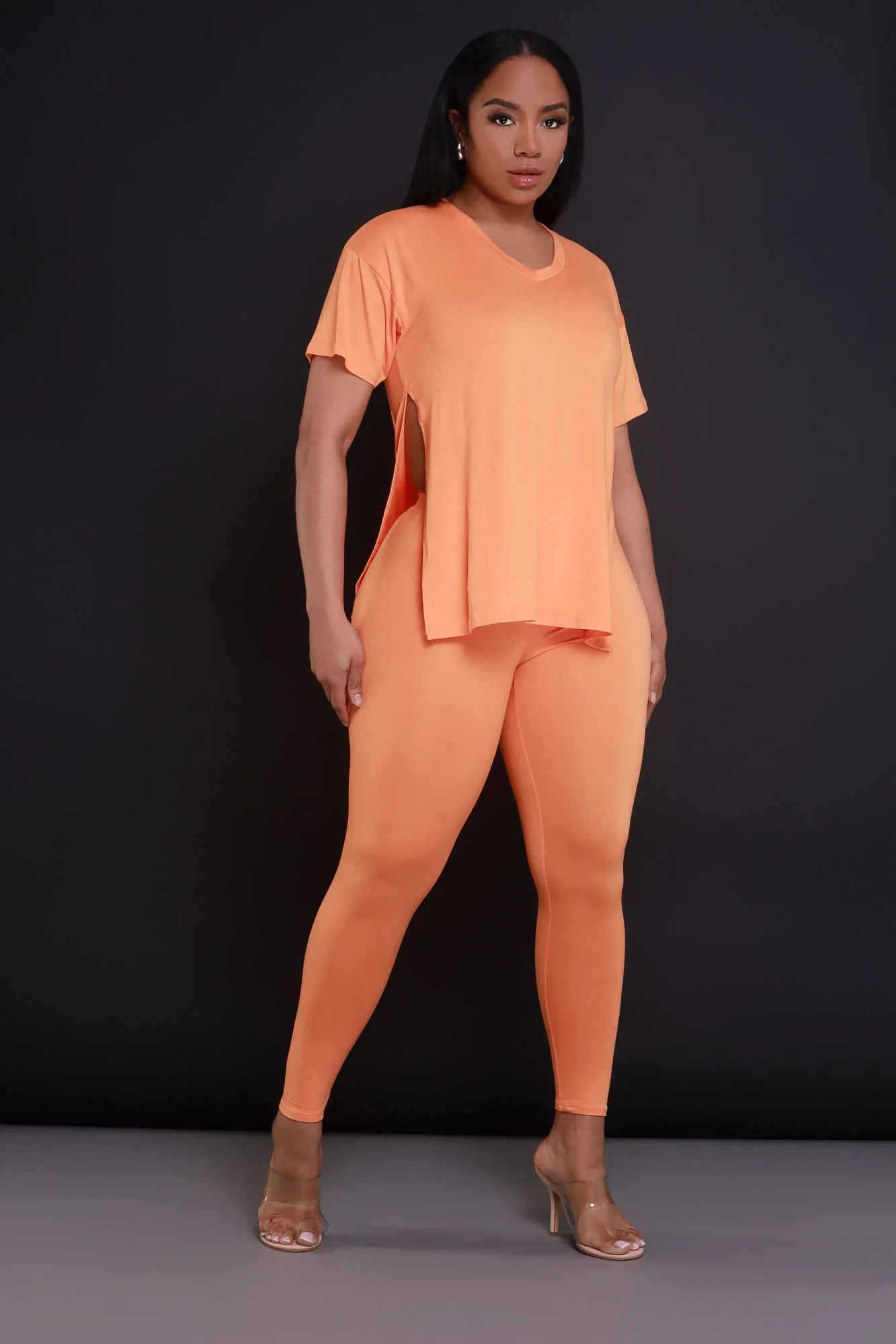 Image of Open Mind Side Slit Short Sleeve Legging Set - Orange
