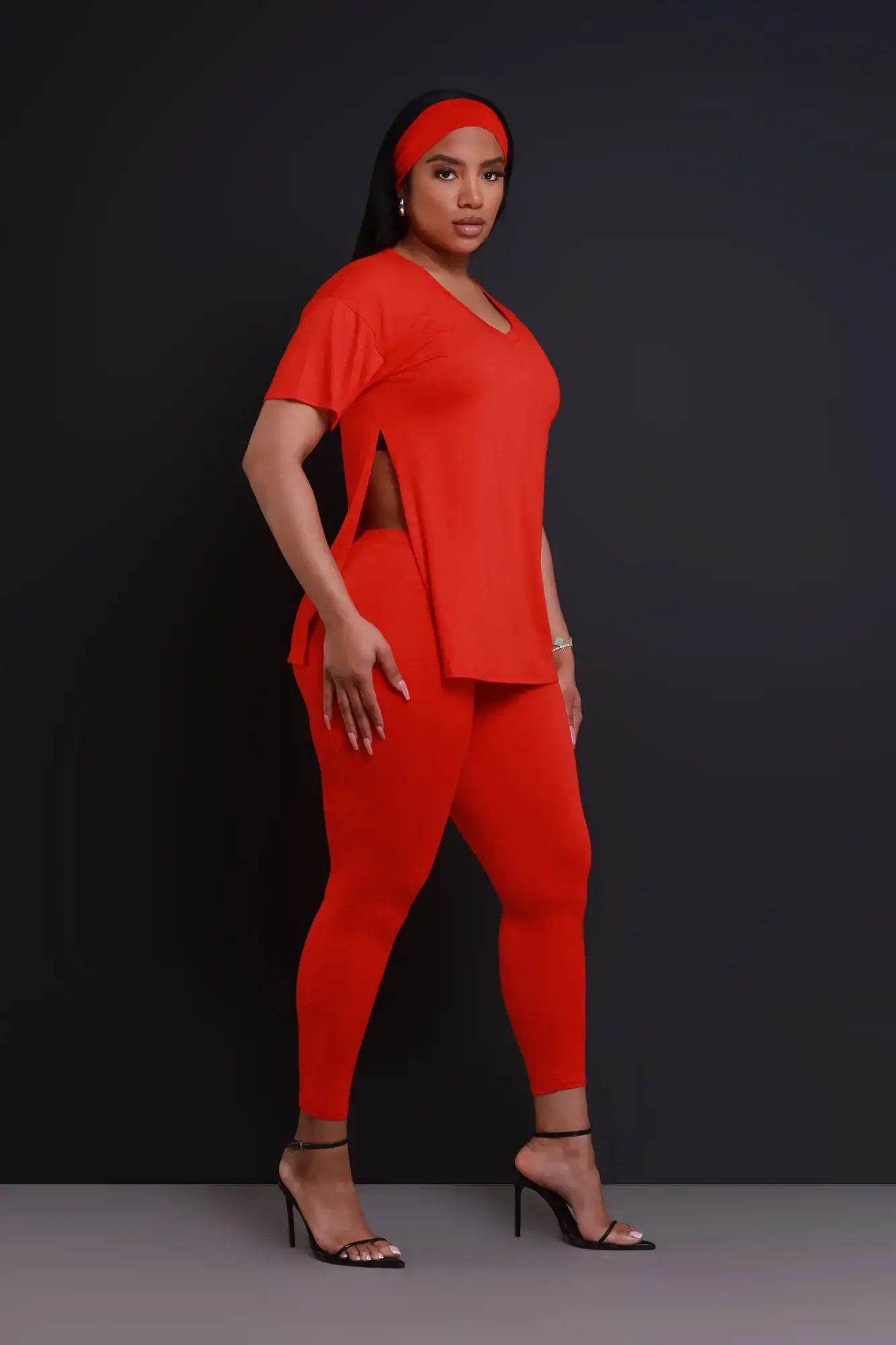 Image of Open Mind Side Slit Short Sleeve Legging Set - Red