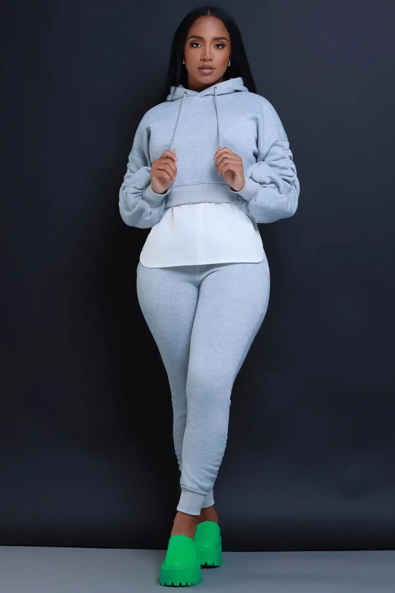 Image of Excuse The Mess Layered Hooded Lounge Set - Heather Grey