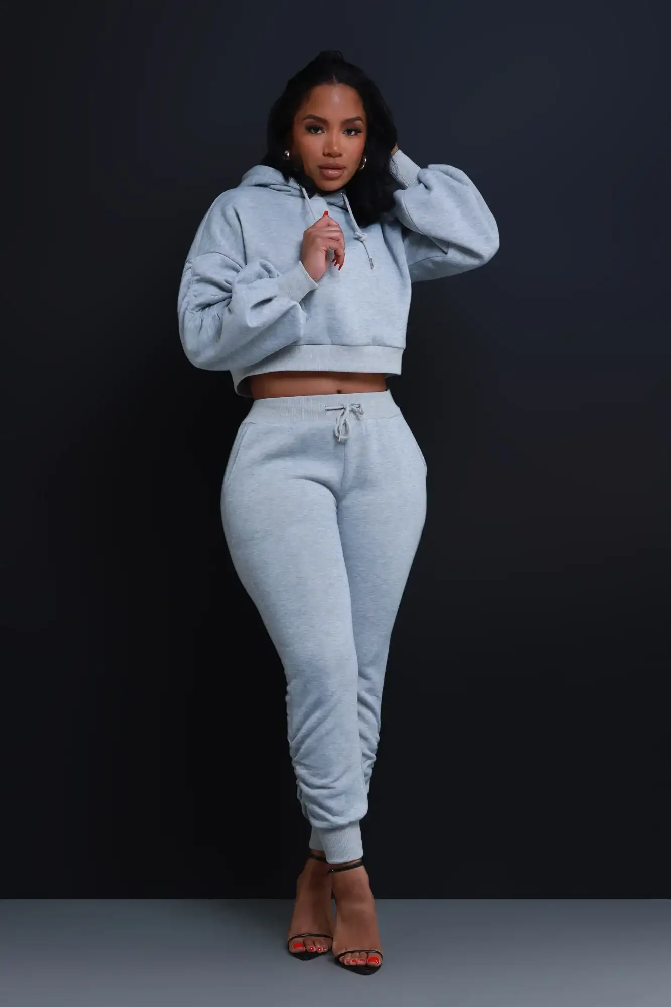 Image of Who Said Ruched Hooded Jogger Set - Heather Grey