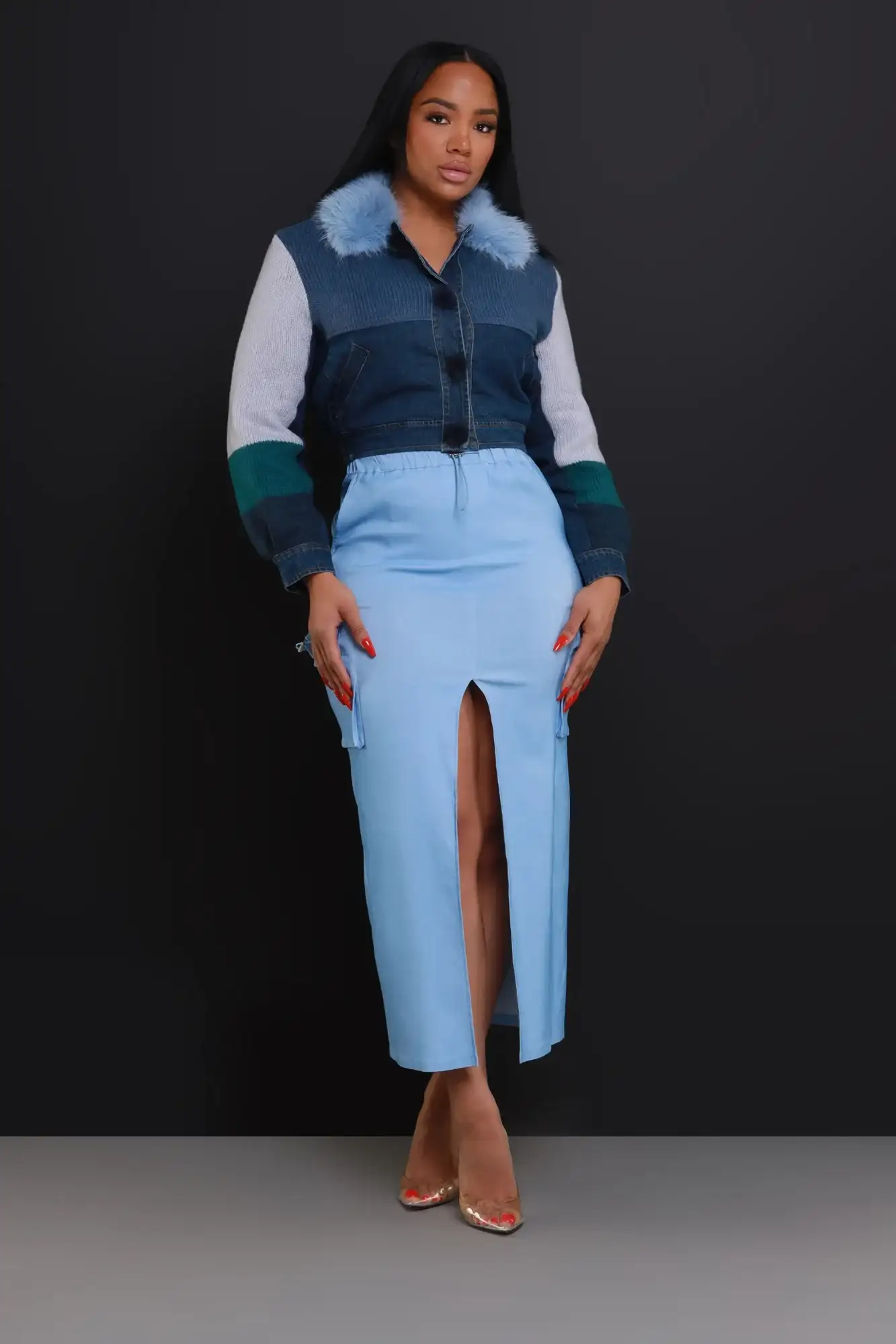 Image of We Cool High Rise Cargo Maxi Skirt - Blue