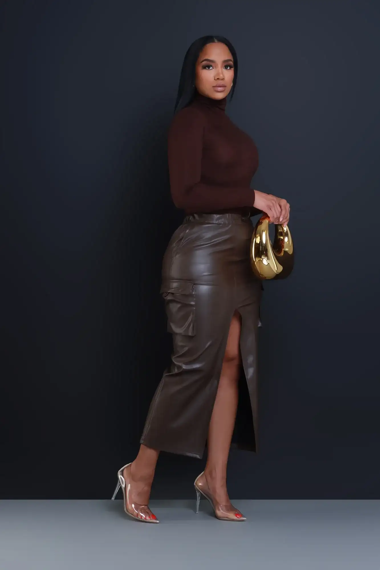 Image of Once Again Faux Leather Cargo Skirt - Brown