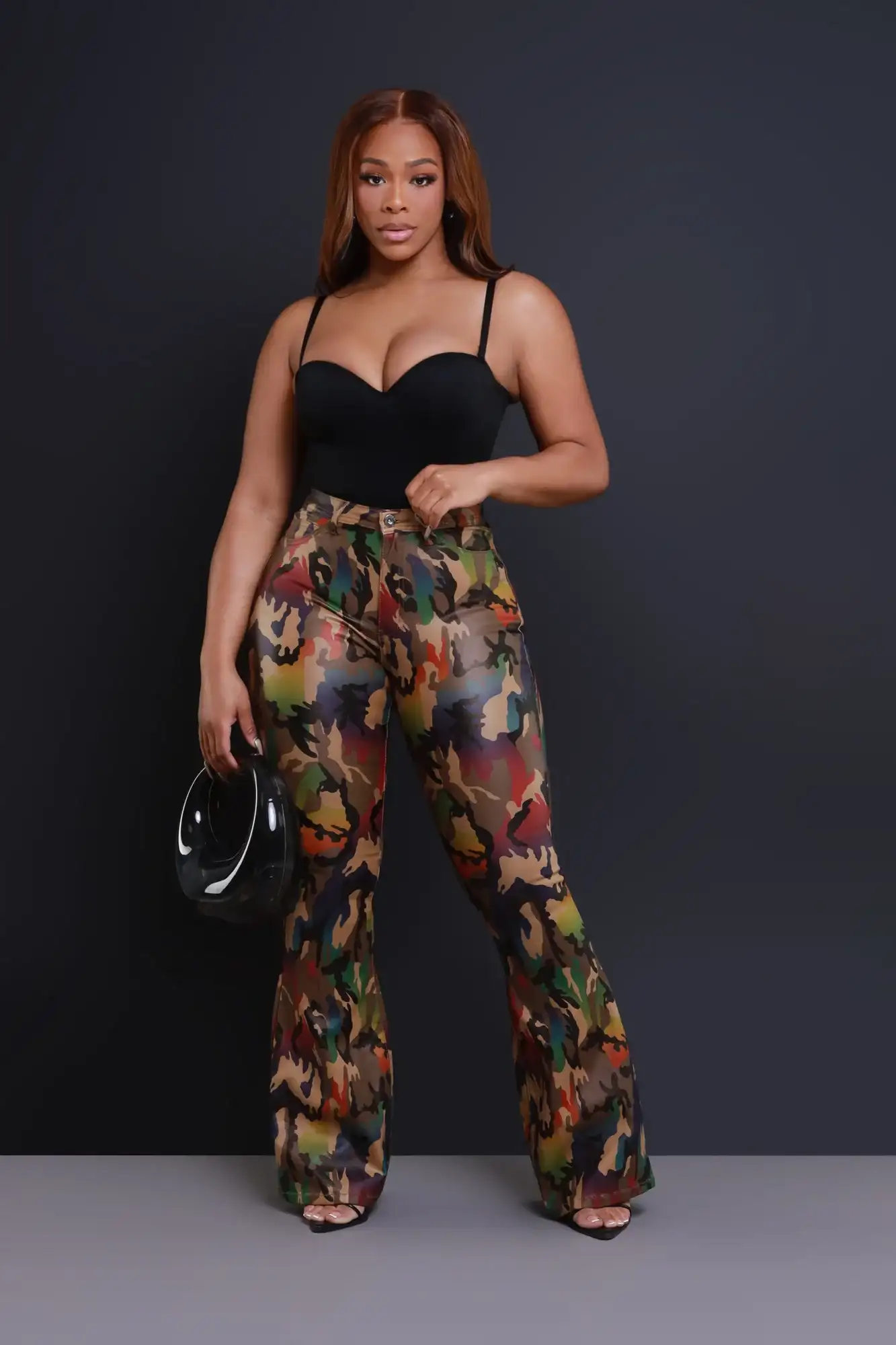 Image of One Call Faux Leather High Rise Flare Pants - Camo