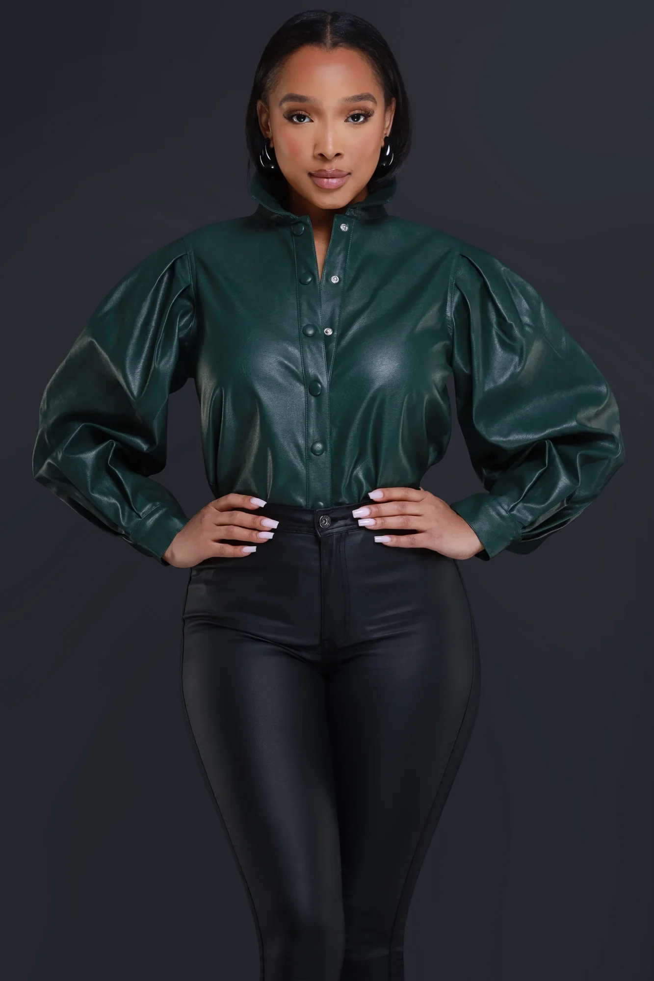 Image of End Scene Faux Leather Blouse - Hunter Green