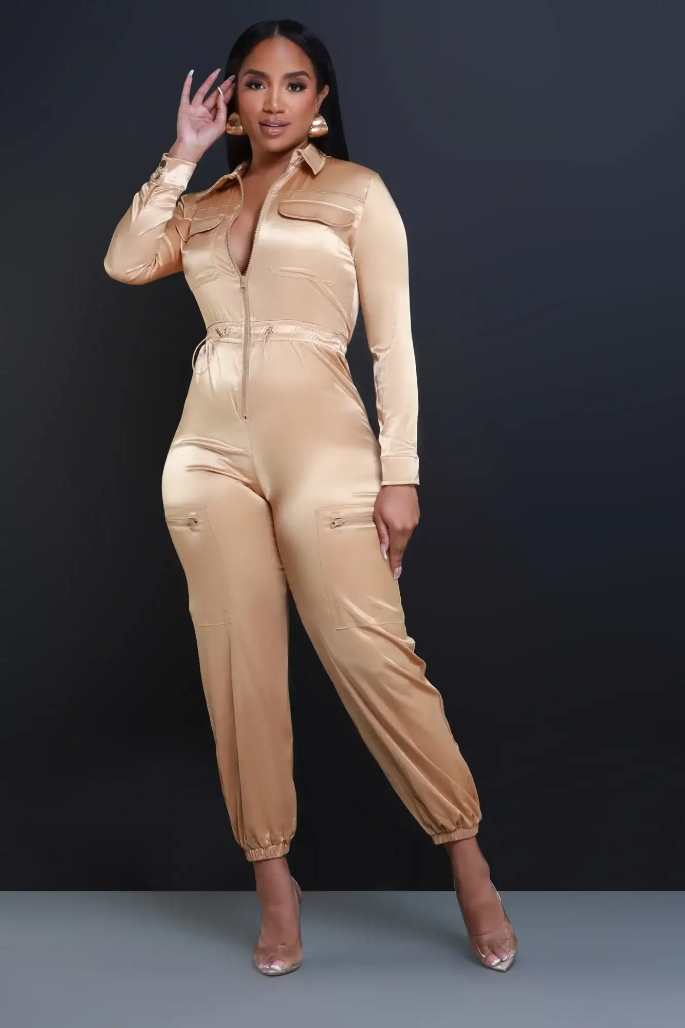 Image of Move Along Metallic Cargo Jumpsuit - Gold