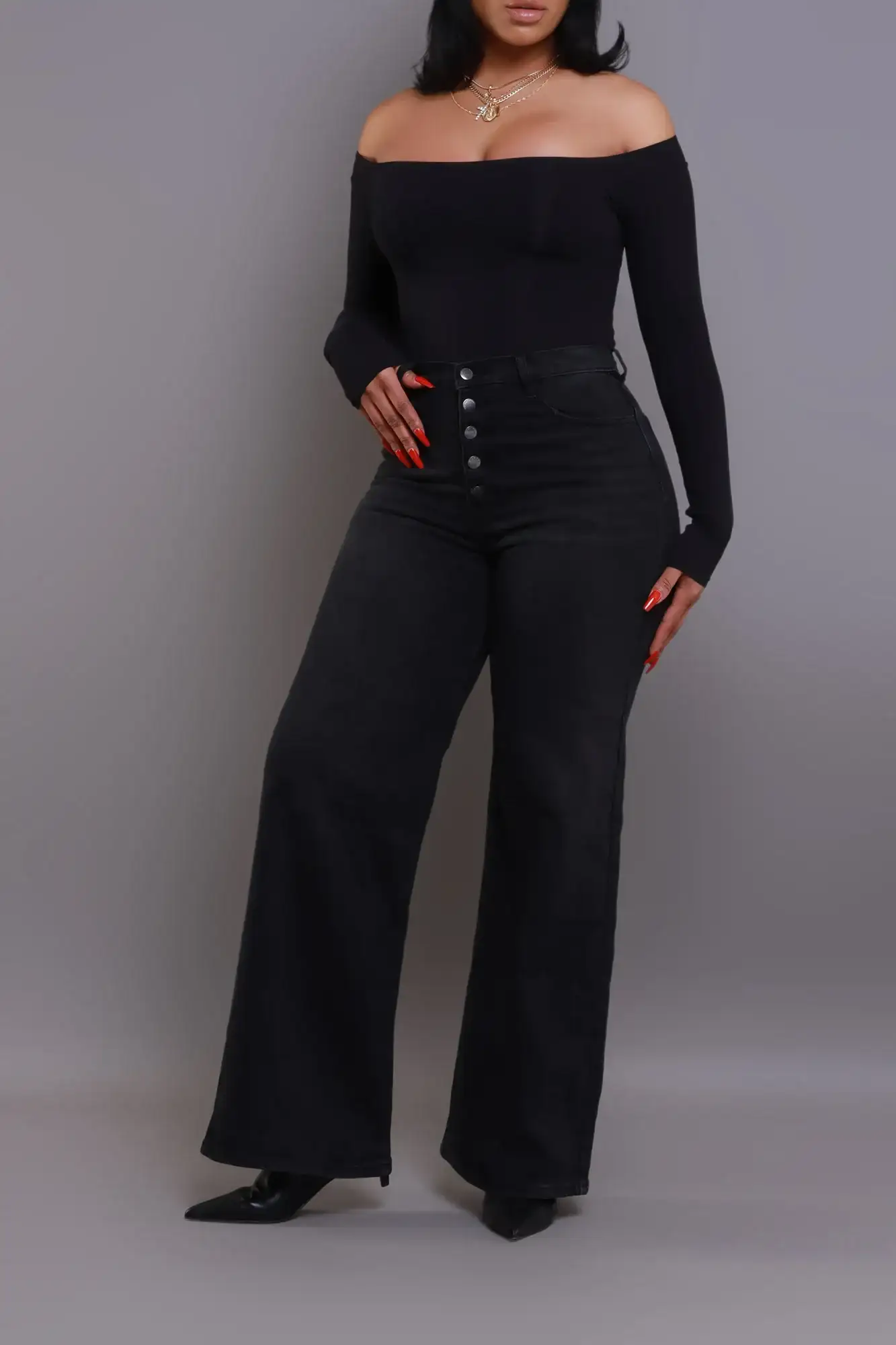 Image of Pipe Down Button Down Wide Leg Jeans - Black