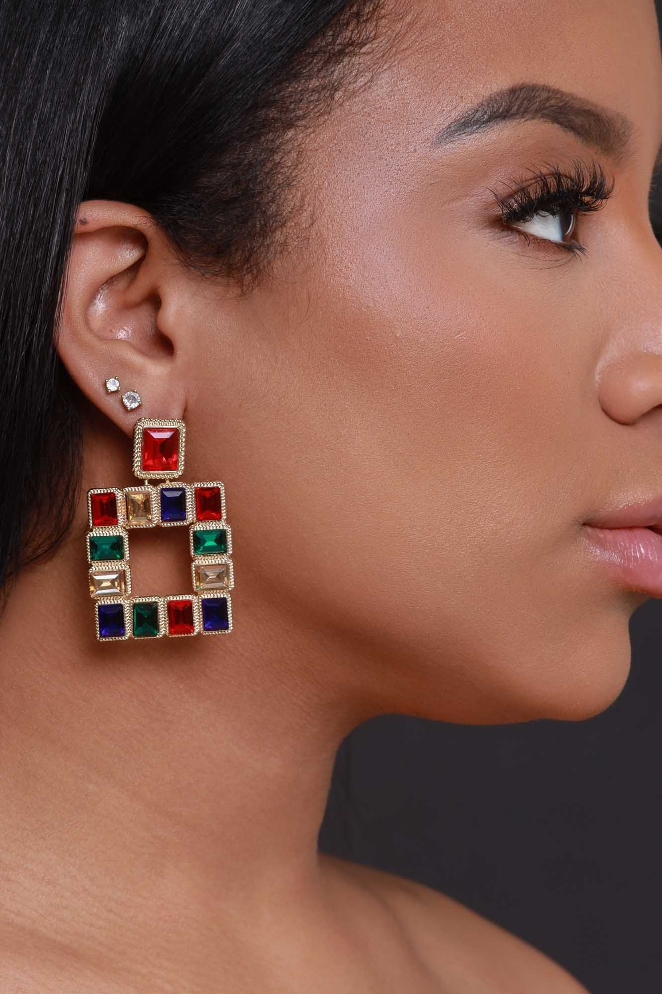 Image of We Square Rhinestone Earrings - Gold Multicolor
