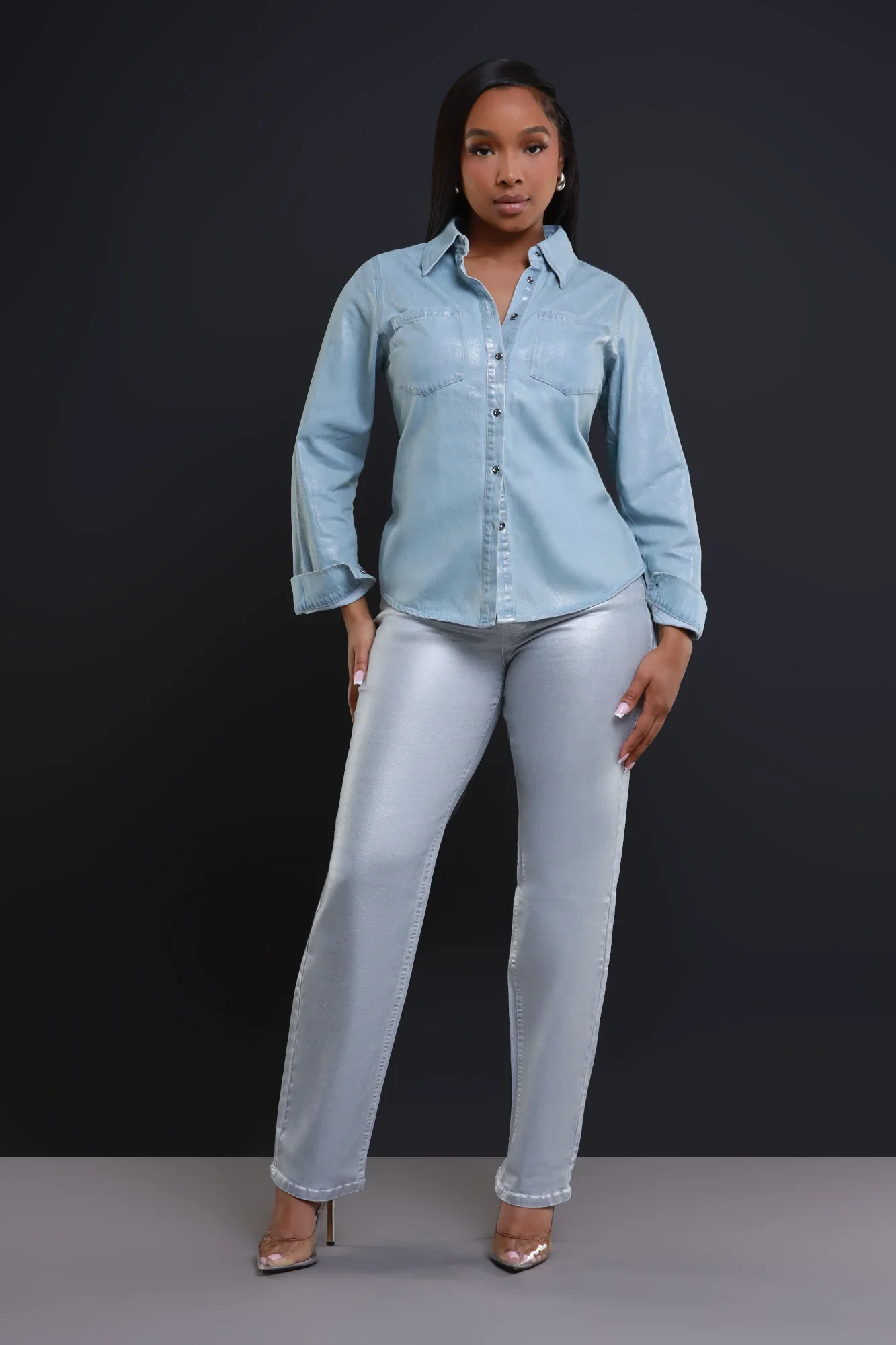 Image of Missing You Metallic Button Down Blouse - Light Blue