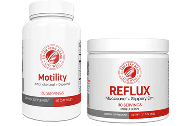 Bottle of Motility and tub of Reflux powder from Silver Fern Brand