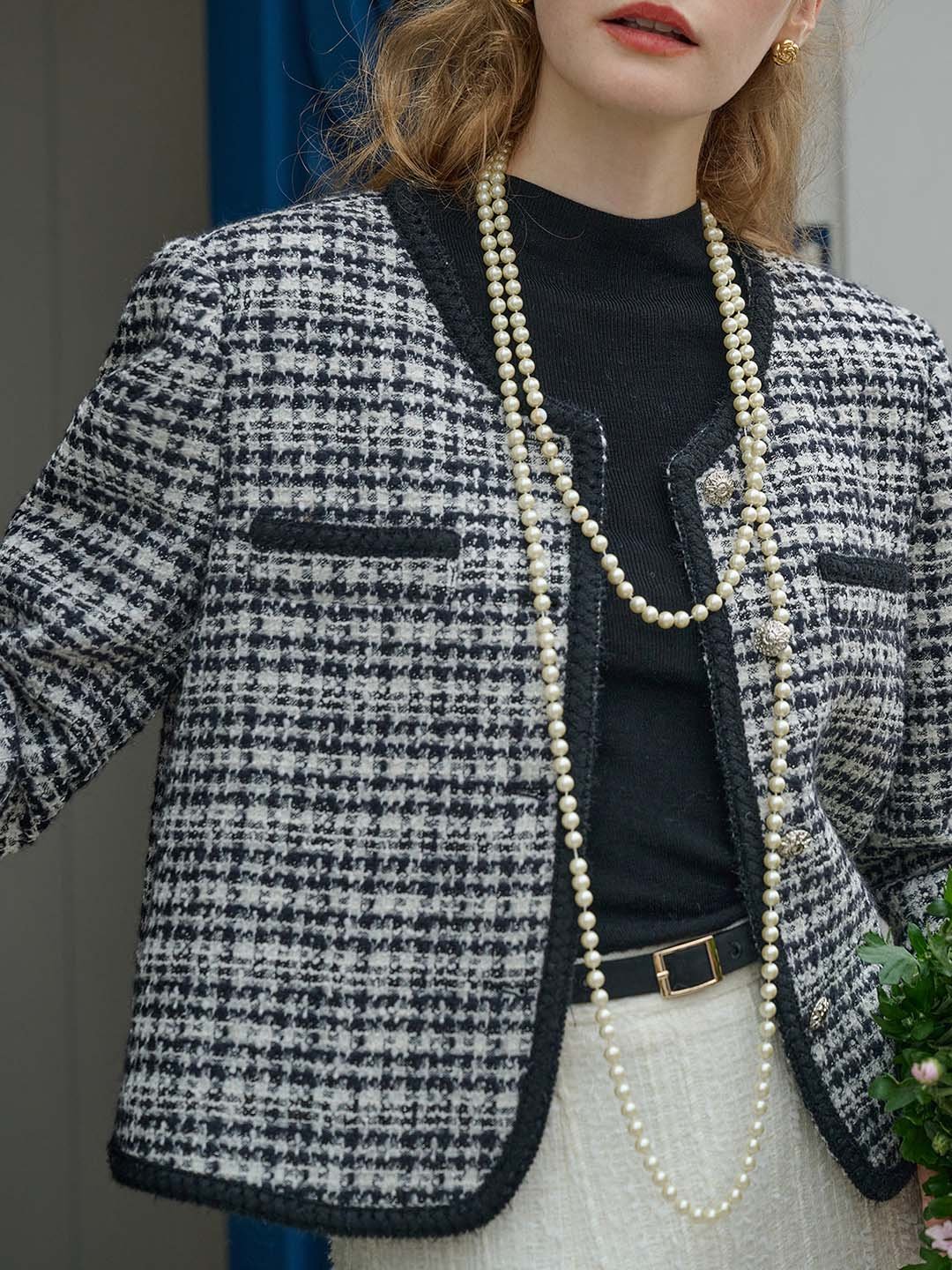 【Flash Sale】Ava Elegant V-neck Contrast Tweed Jacket