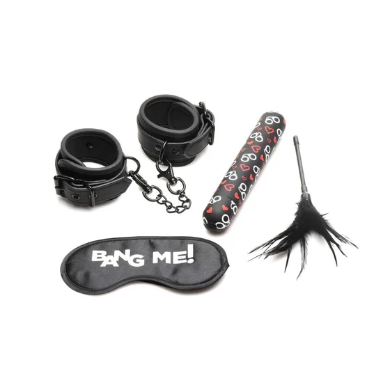 BANG! Bondage Kit With XL Bullet Cuffs Tickler &amp; Blindfold Black