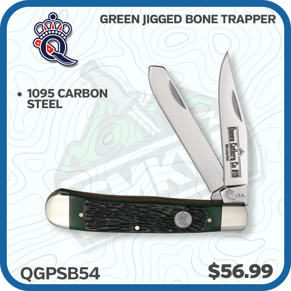 Queen Cutlery Green Jigged Bone Trapper 4.13" Closed