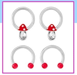 Multi-Pack CZ Mushroom Captive Bead and Horseshoe Rings 2 Pair - 14 Gauge