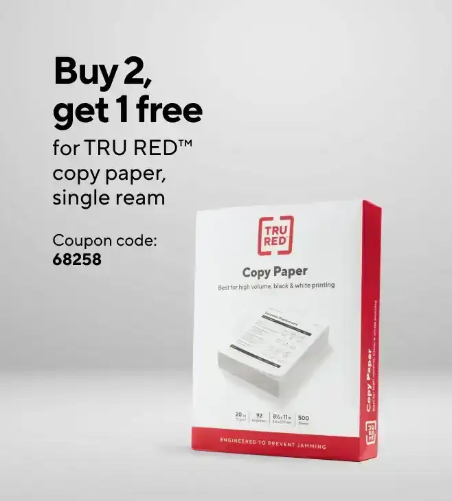 Buy 2 Get 1 free for TRU RED copy paper, single ream.