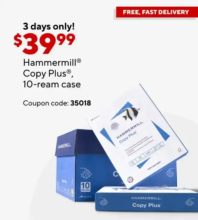 Only \\$39.99 for Hammermill Copy Plus paper, 10-ream case after coupon.