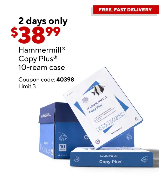 Only \\$38.99 for Hammermill Copy Plus paper, 10-ream case after coupon.