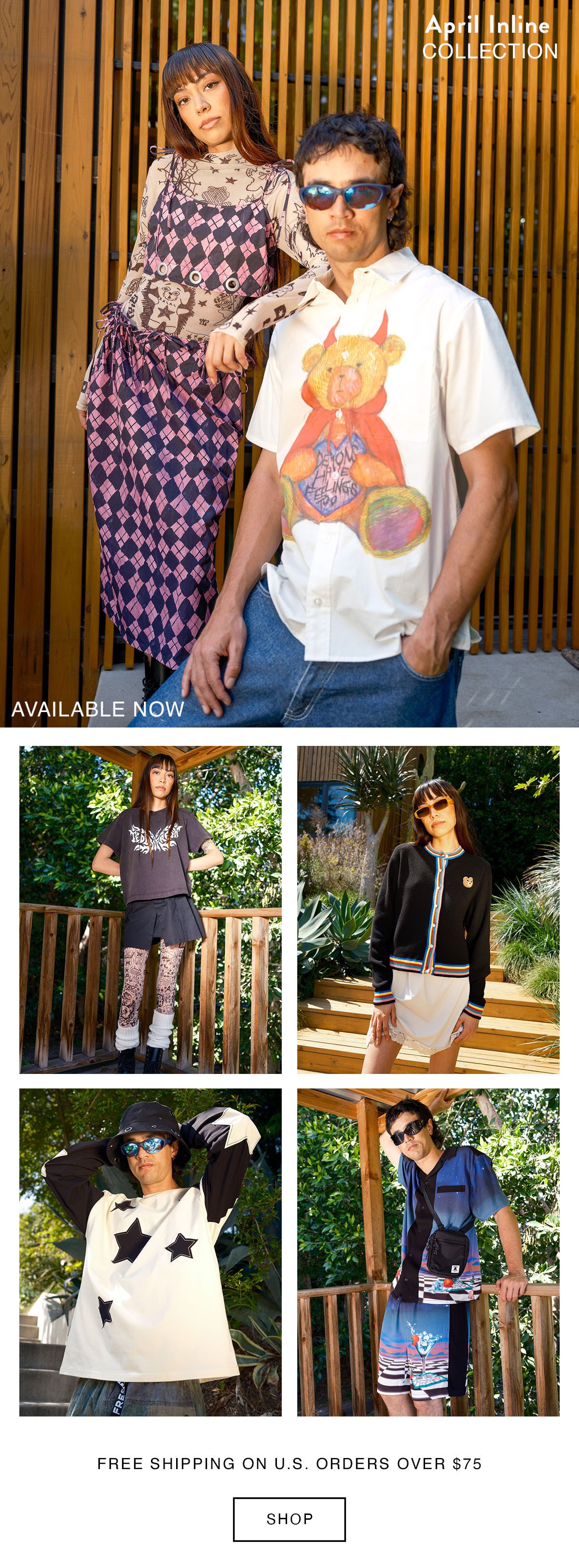 April Inline Collection Available Now. Two Models wearing various pieces from our April Collection Including our Transformable dress, Demons have feelings shirt, recycled sweater bear cardigan, dreamscape shirt and shorts, and more.