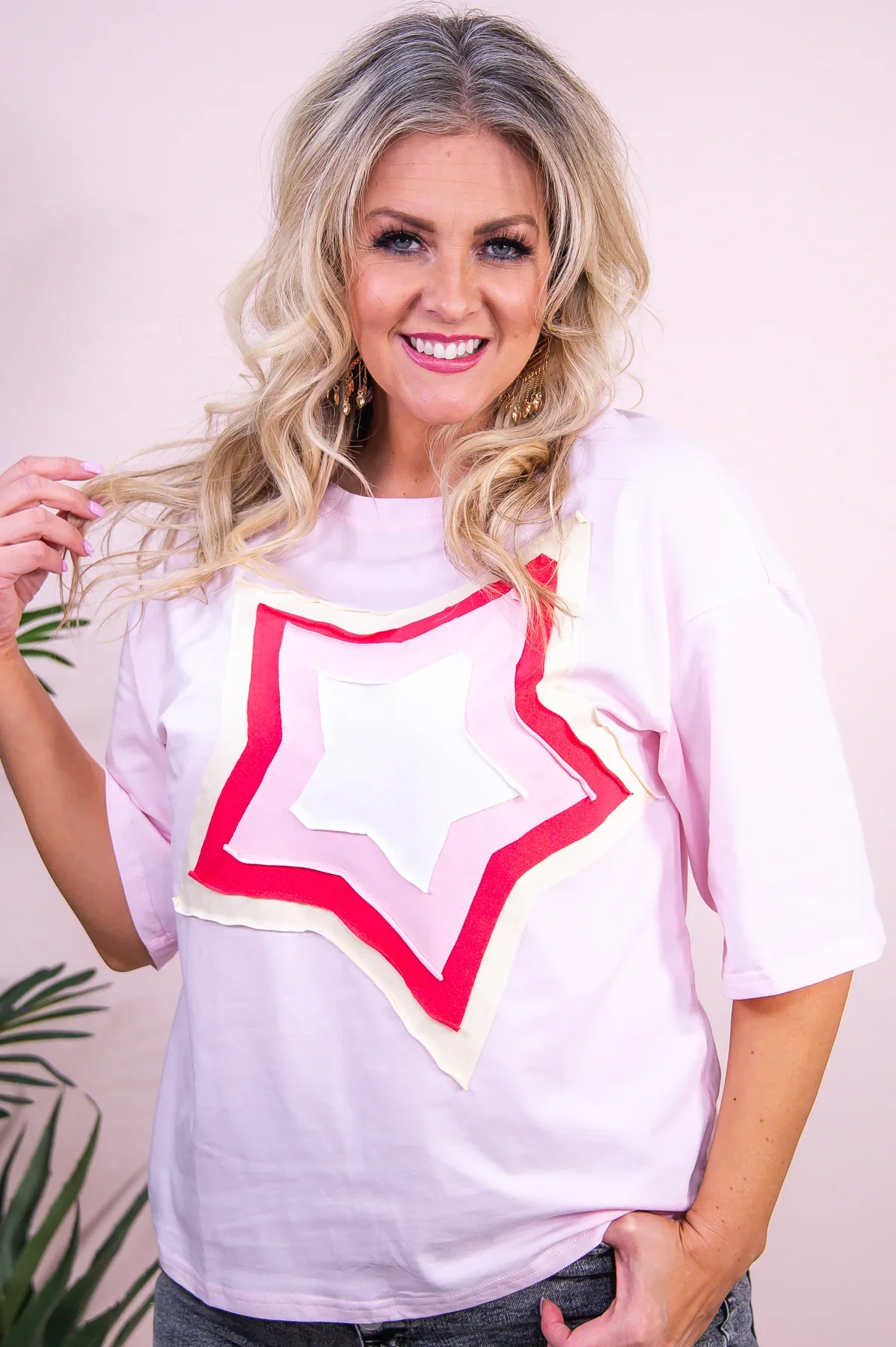 Image of Wander Under The Stars Light Pink/Multi Color Star Patch Top - T9248LPK